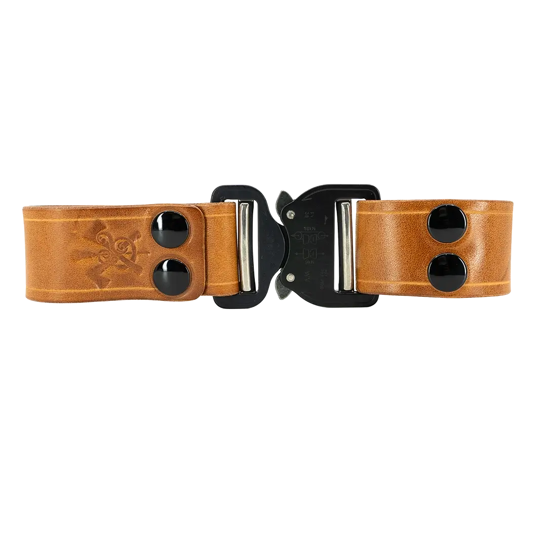 Box Light Rig on its side with COBRA buckle in q tan leather with black hardware