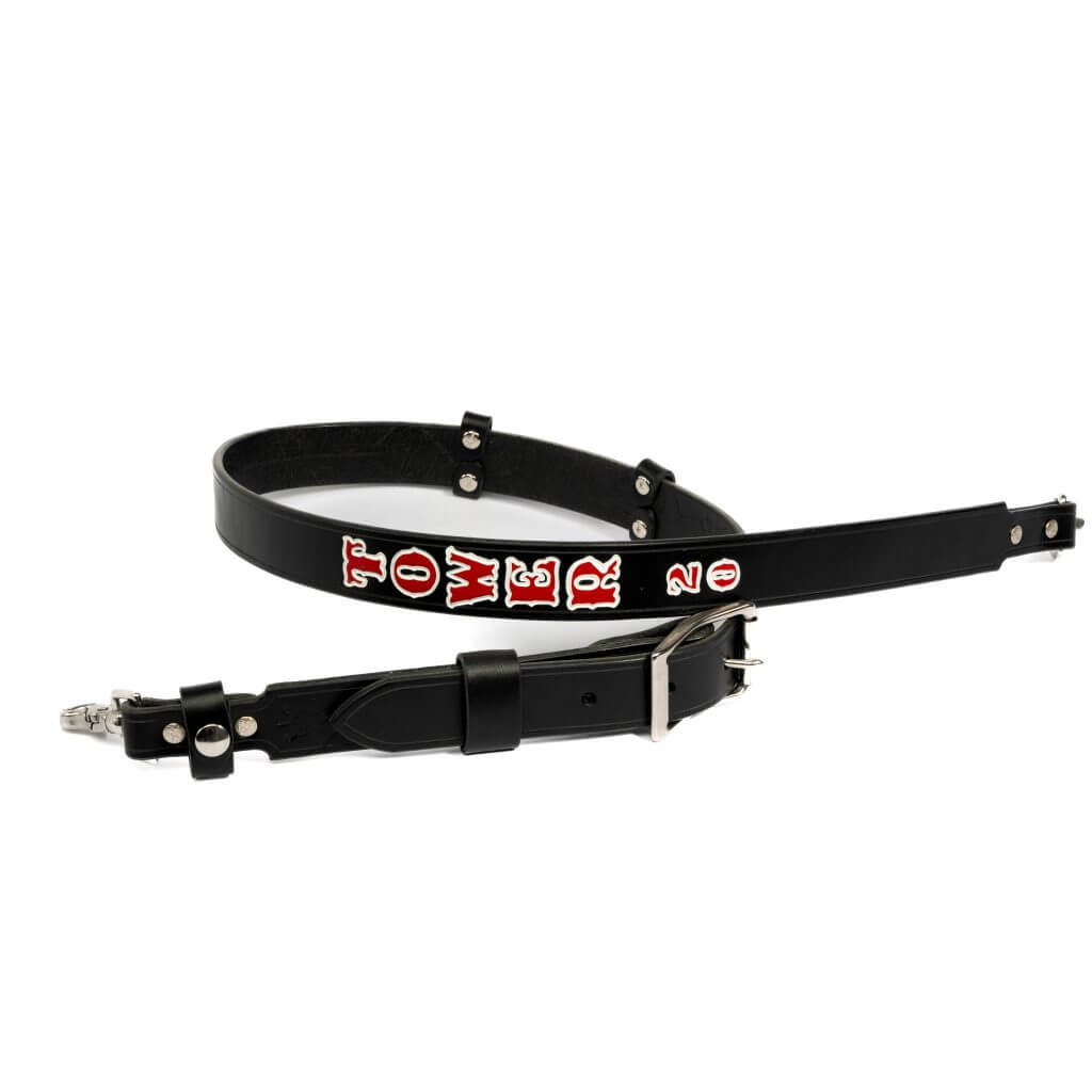 Custom Leather Firefighting Radio Strap- Black Leather, Fire Red Fill/White Outline