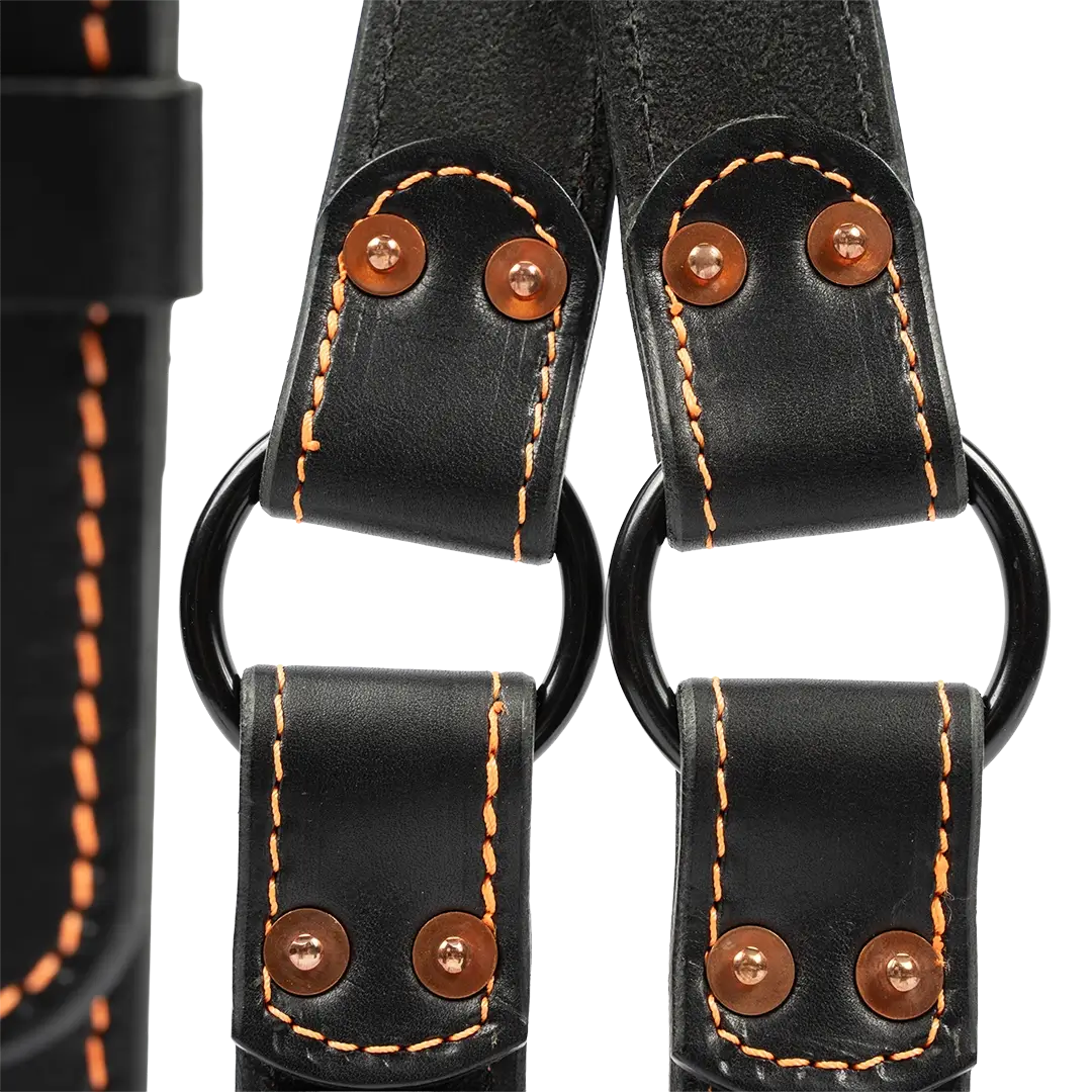 Heavy-duty rings and copper rivets on handcrafted firefighter suspenders