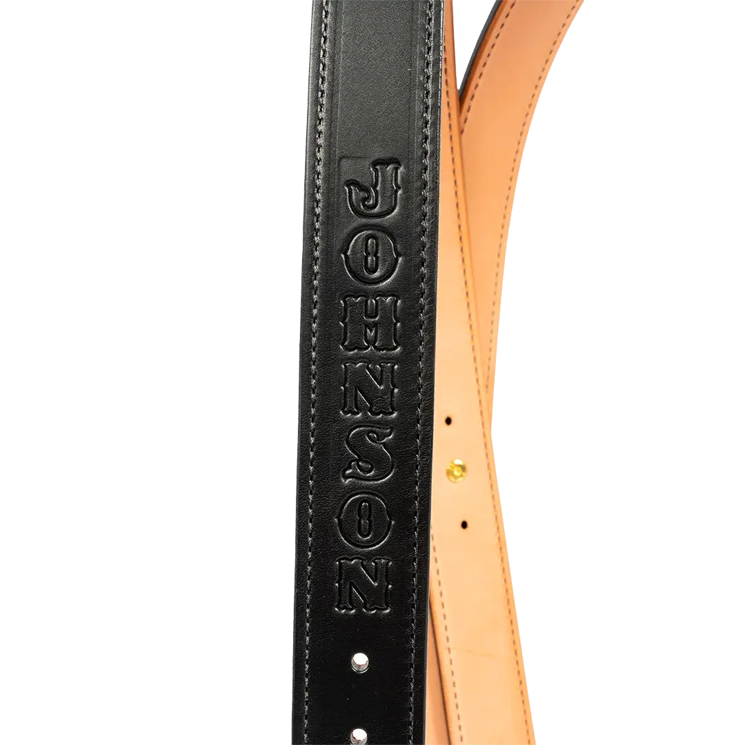 Custom stamped firefighter suspenders with name stamped on black leather