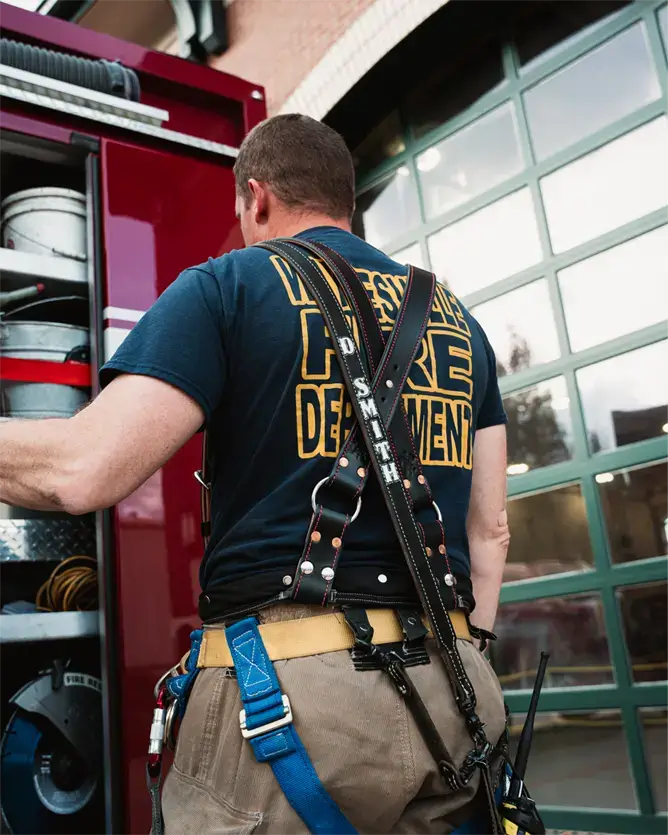 full- grain leather x-back suspenders built for fire fighters.