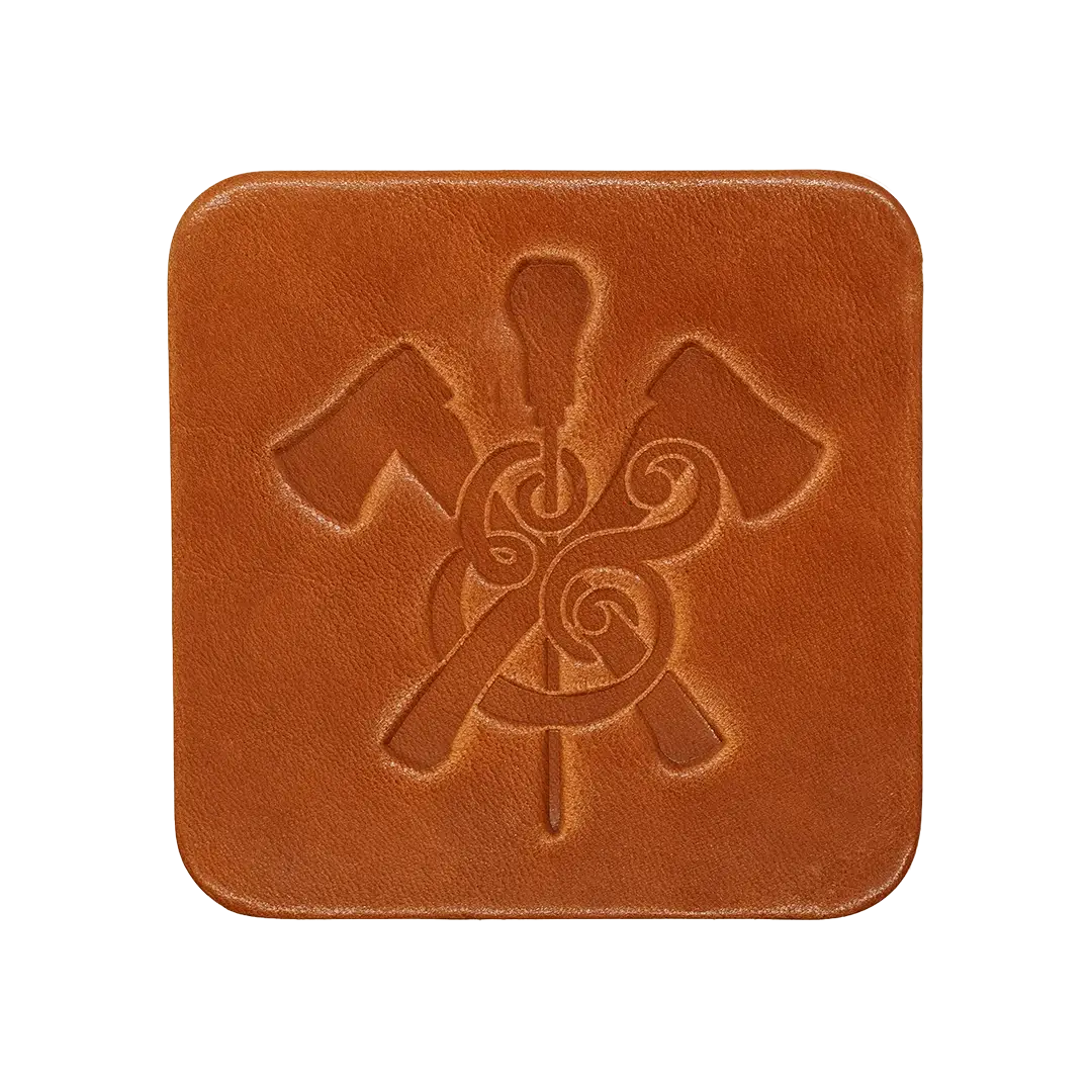 Square Leather Coaster in Q Tan leather with makers mark logo