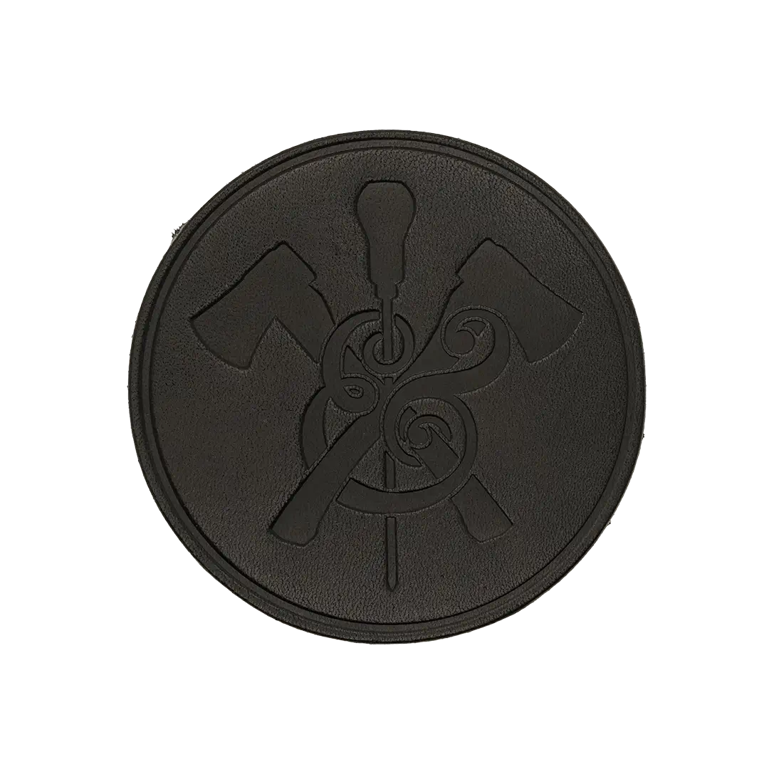 Round Leather Coasters in black leather with makers mark logo