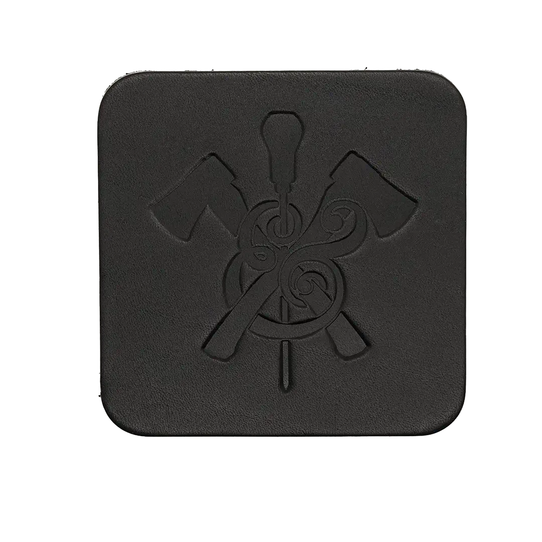 Square Leather Coaster in black leather with makers mark logo