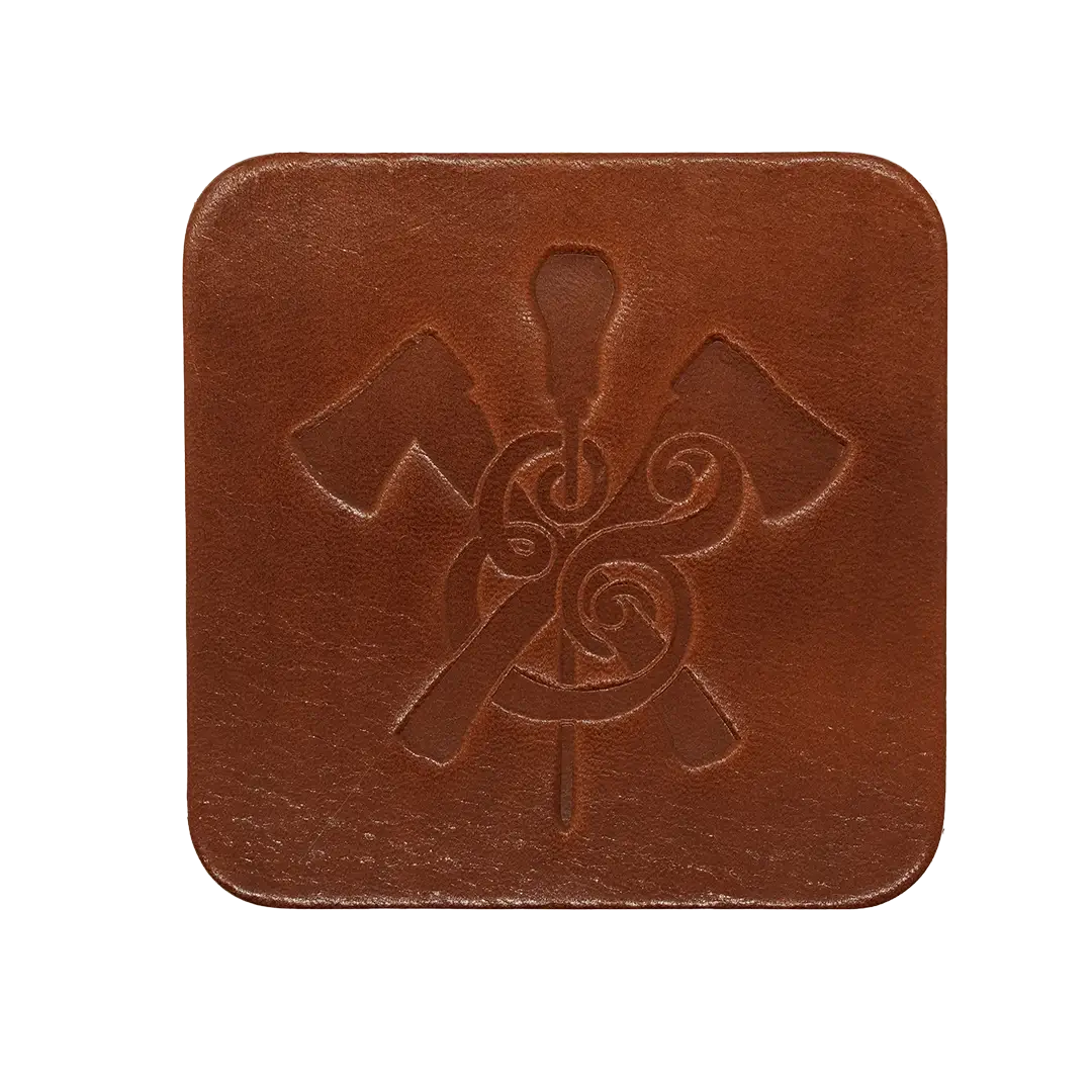 Square Leather Coaster in walnut leather with makers mark logo