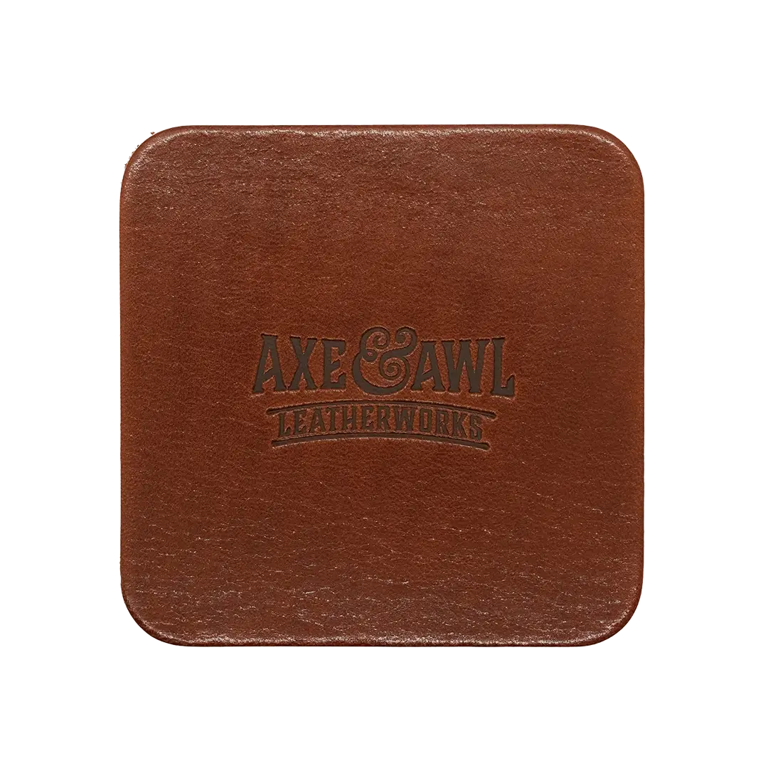 Square Leather Coaster in walnut leather with word mark logo