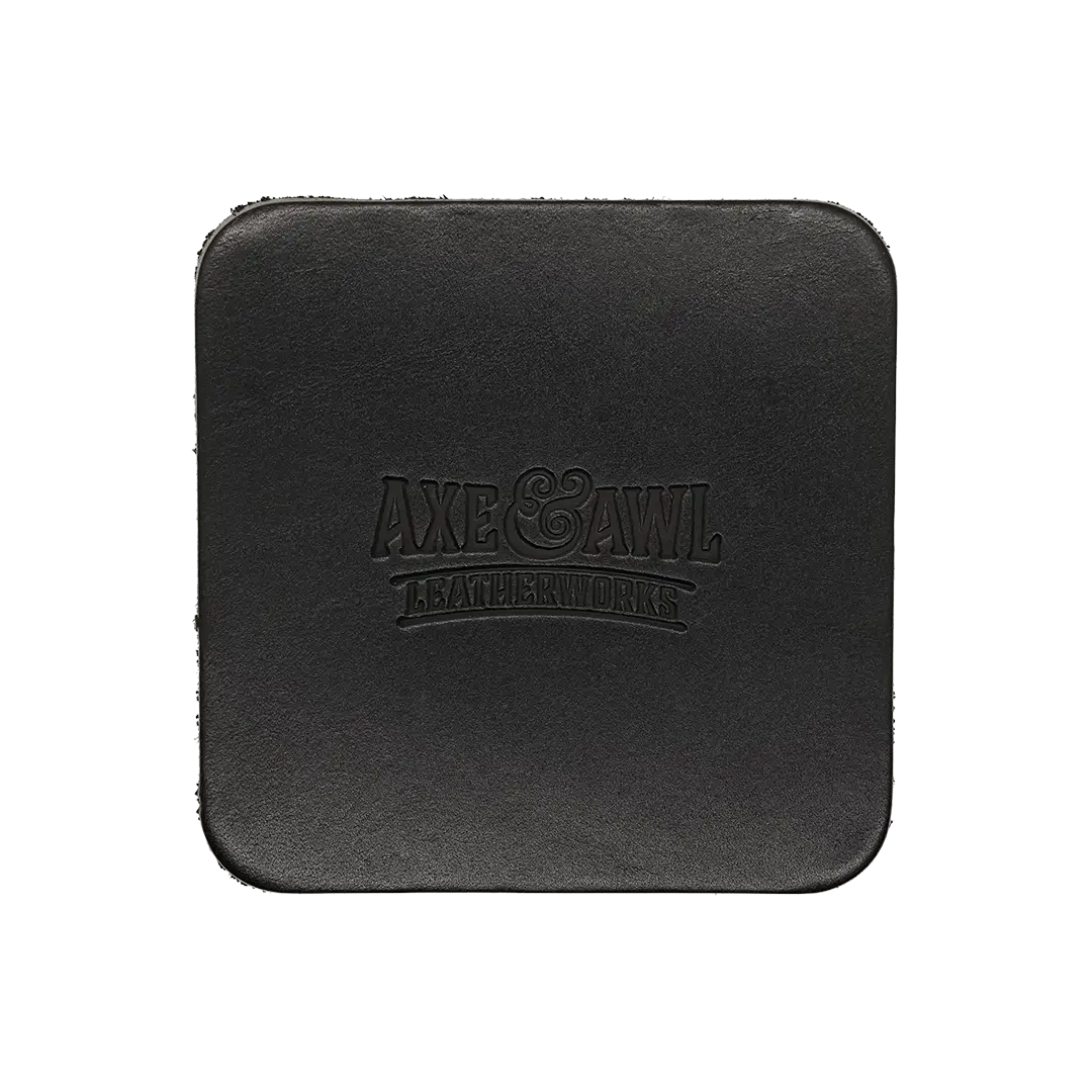 Square Leather Coaster in black leather with word mark logo