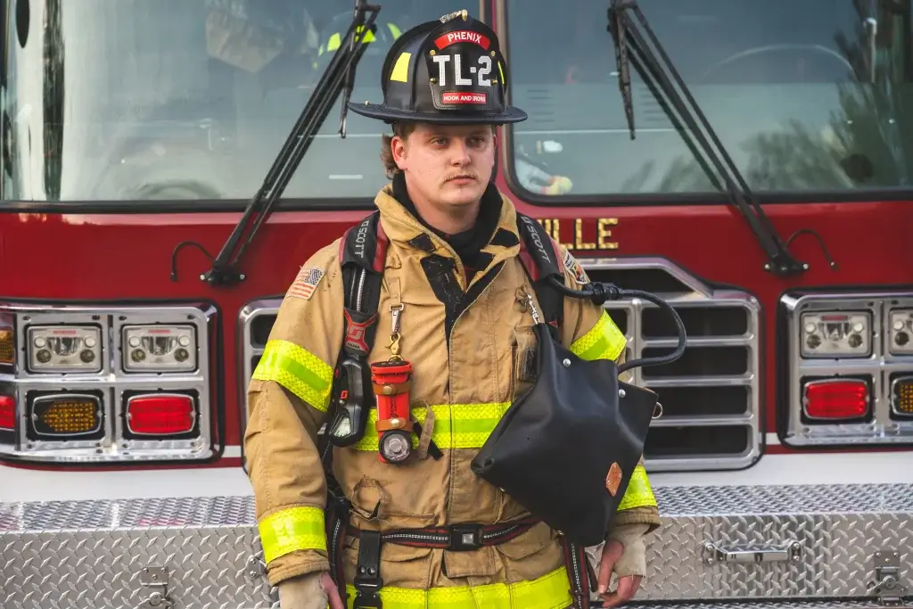 full-grain leather scba mask bag modeled on a fire fighter at the fire station in waynesville, nc
