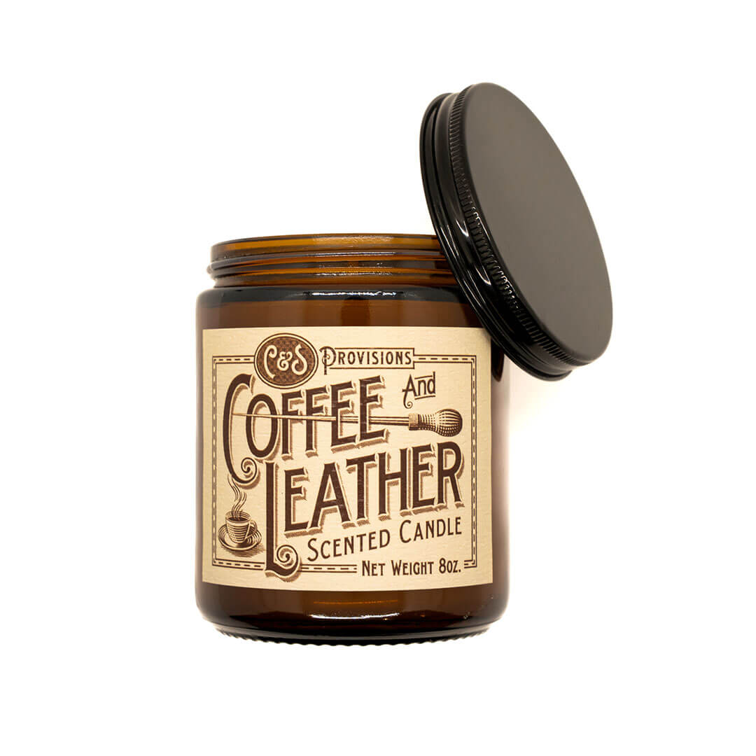 Coffee & Leather candle by C&S Provisions shown with lid open and detailed label design