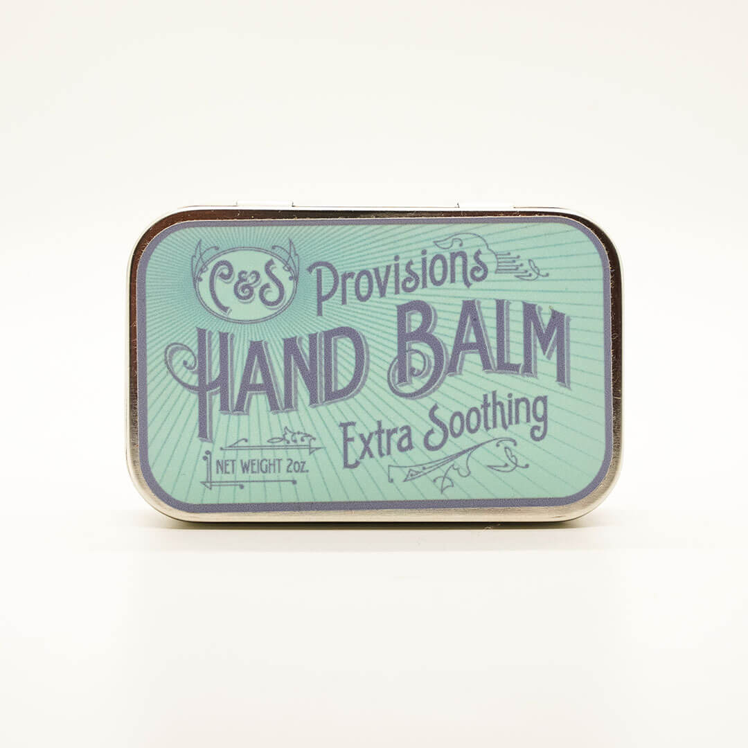 Front view of C&S Provisions Hand Balm tin with vintage-style label design for extra soothing hand care