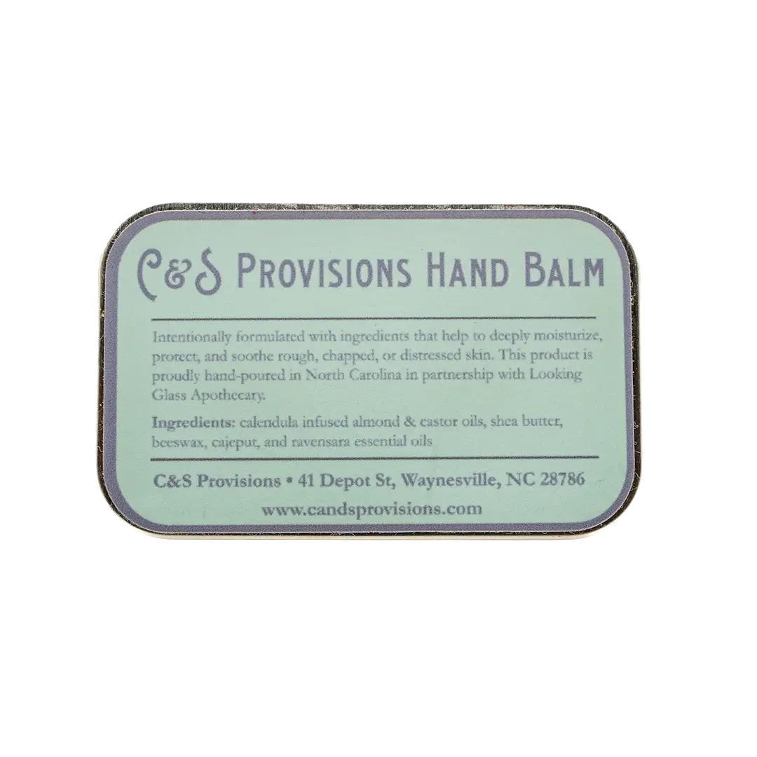 C&S Provisions Hand Balm tin ingredients label
