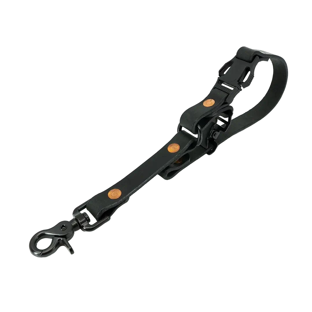 Interior detail of black fireman leather glove strap