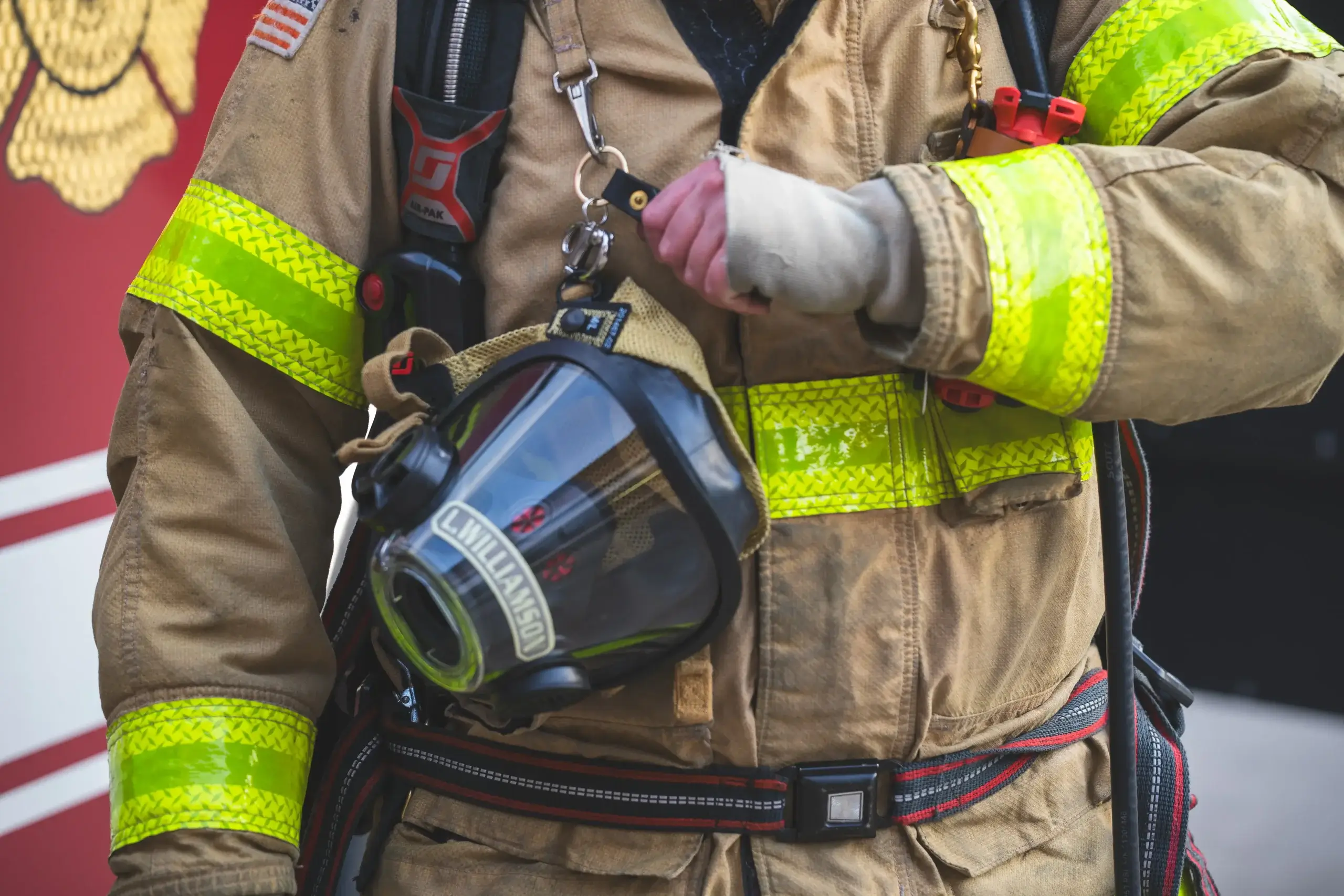 full-grain leather scba quick release shackle holding a fire fighter's mask
