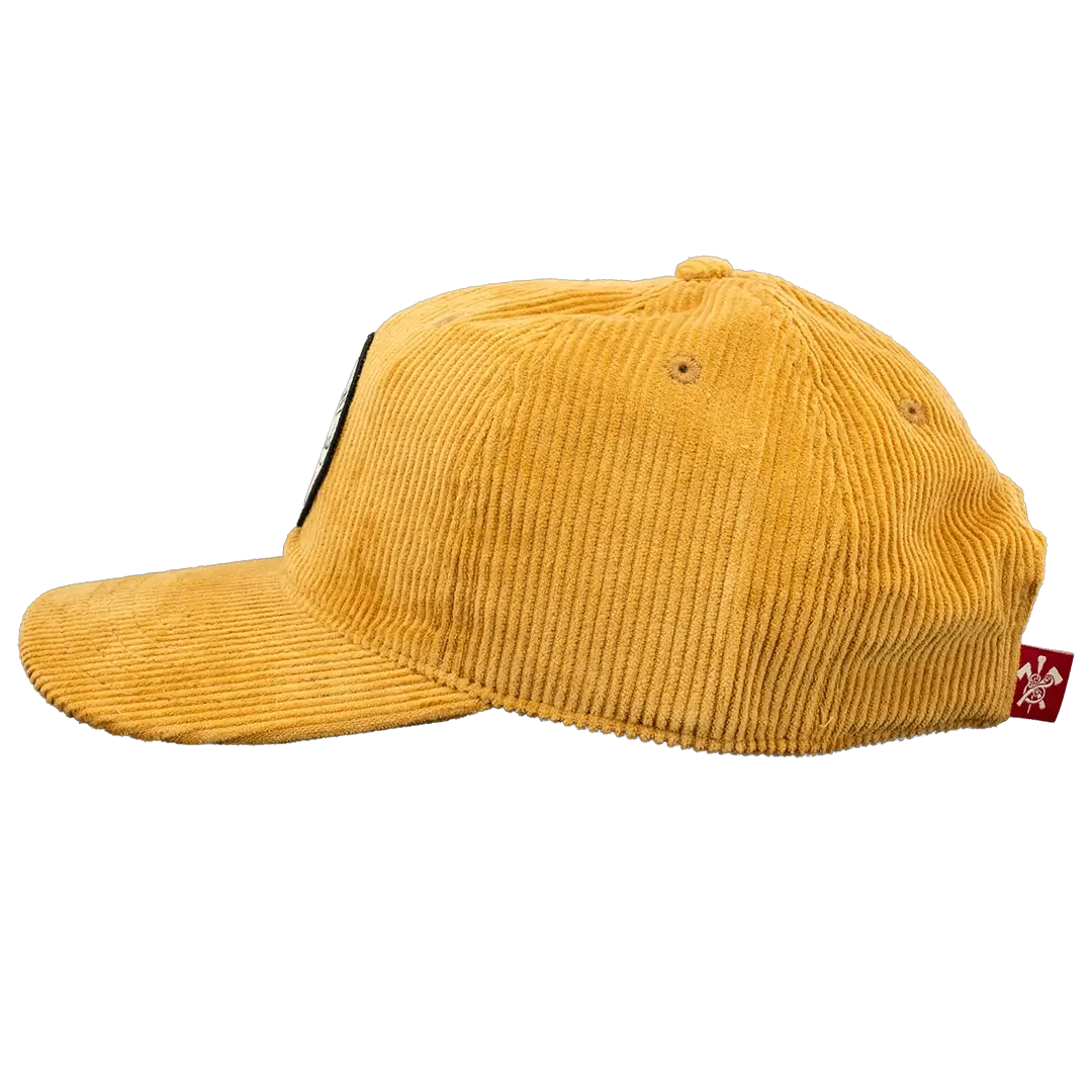 Side view of gold corduroy durable goods hat