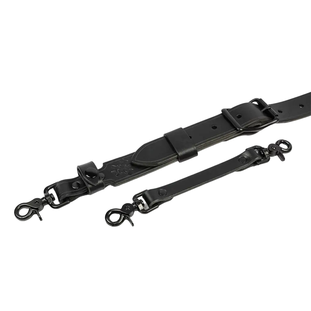 leather radio strap showing black hardware and leather