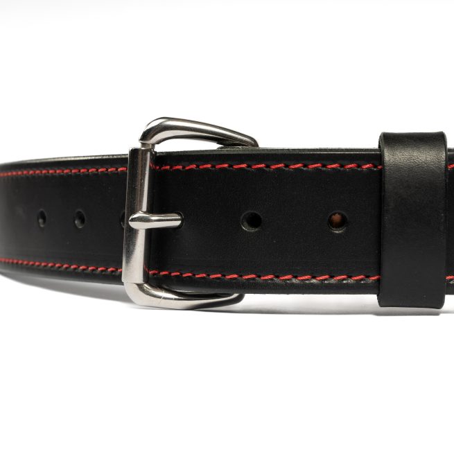 Leather Bunker Belt- Black, Red Stitching, Adjustment Buckle