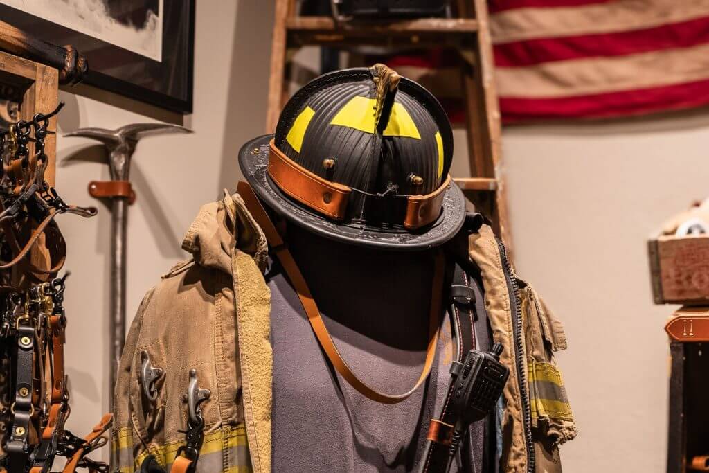 Fire fighter gear set up including a leather chin strap