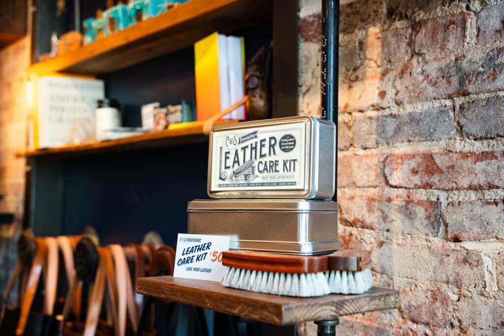 c&s provisions leather care kit on display in axe and awl leatherwork's retail store in waynesville, north carolina