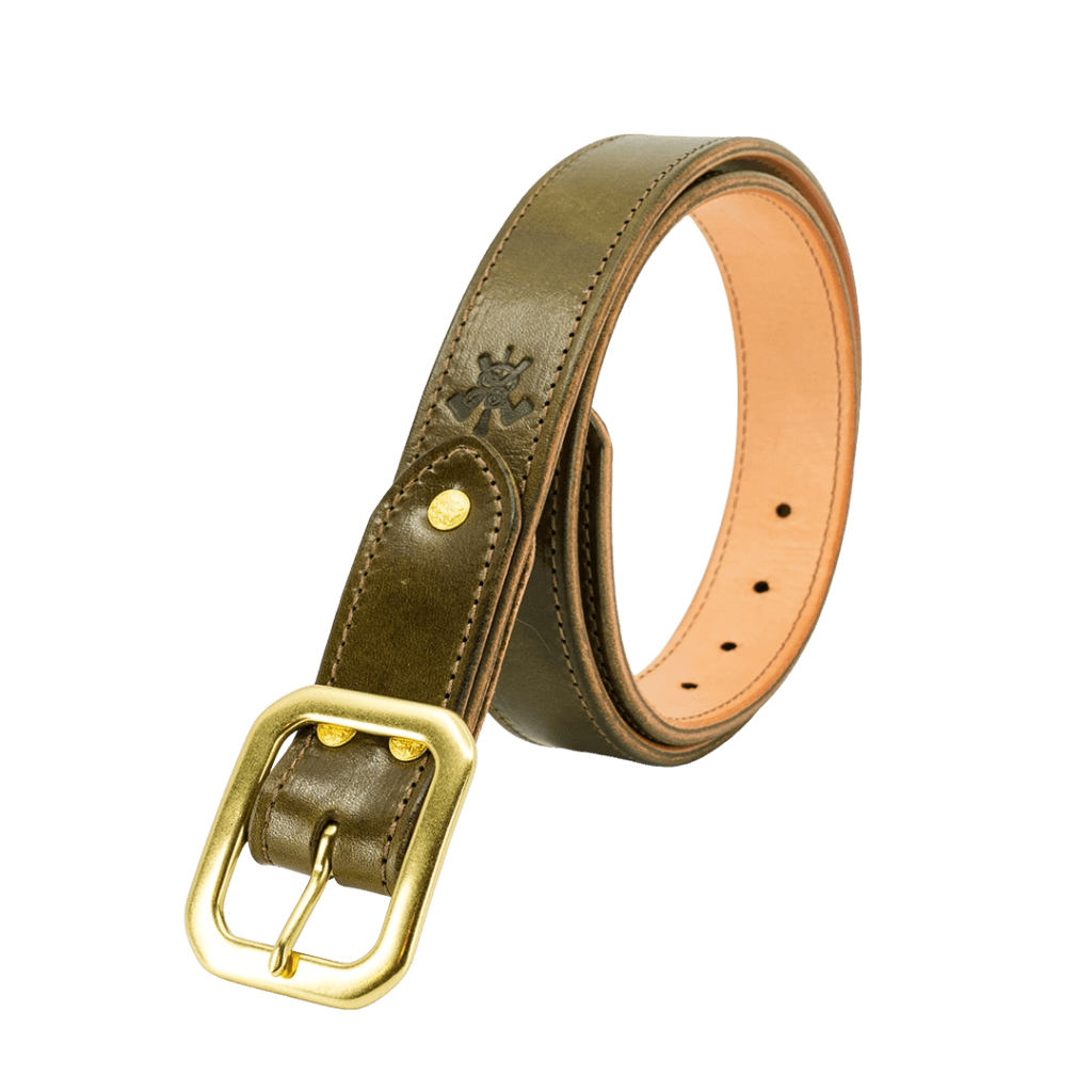 olive leather belt with vegetable tan lining from axe and awl leatherworks