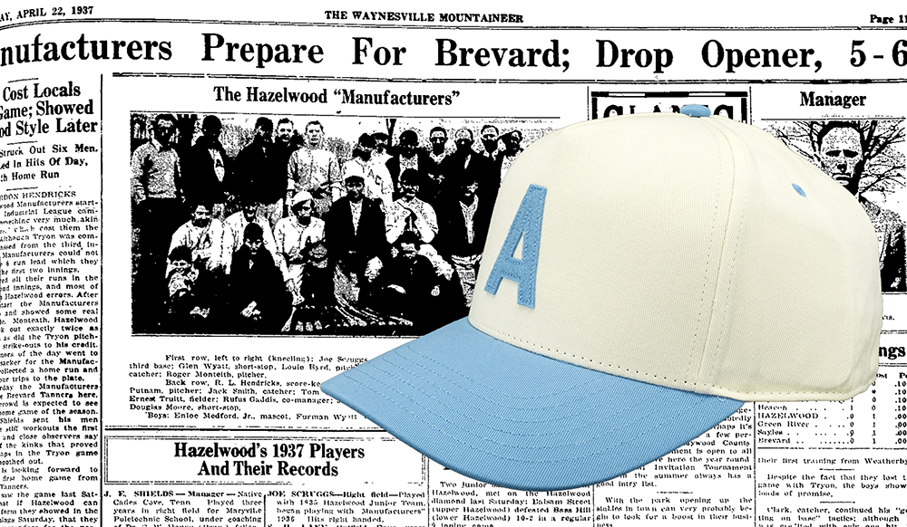Axe and Awl Throwback Snapback hat positioned over The Waynesville Mountaineer Newspaper from 1937 featuring the Hazelwood Manufacturers baseball team