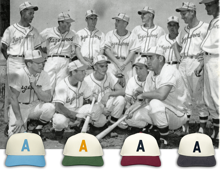 The Hazelwood Manufacturers baseball team from Haywood North Carolina team photo in black and white from the 1900s with Axe and Awl Throwback Snapback Hat photoshopped over the top in four different colorways