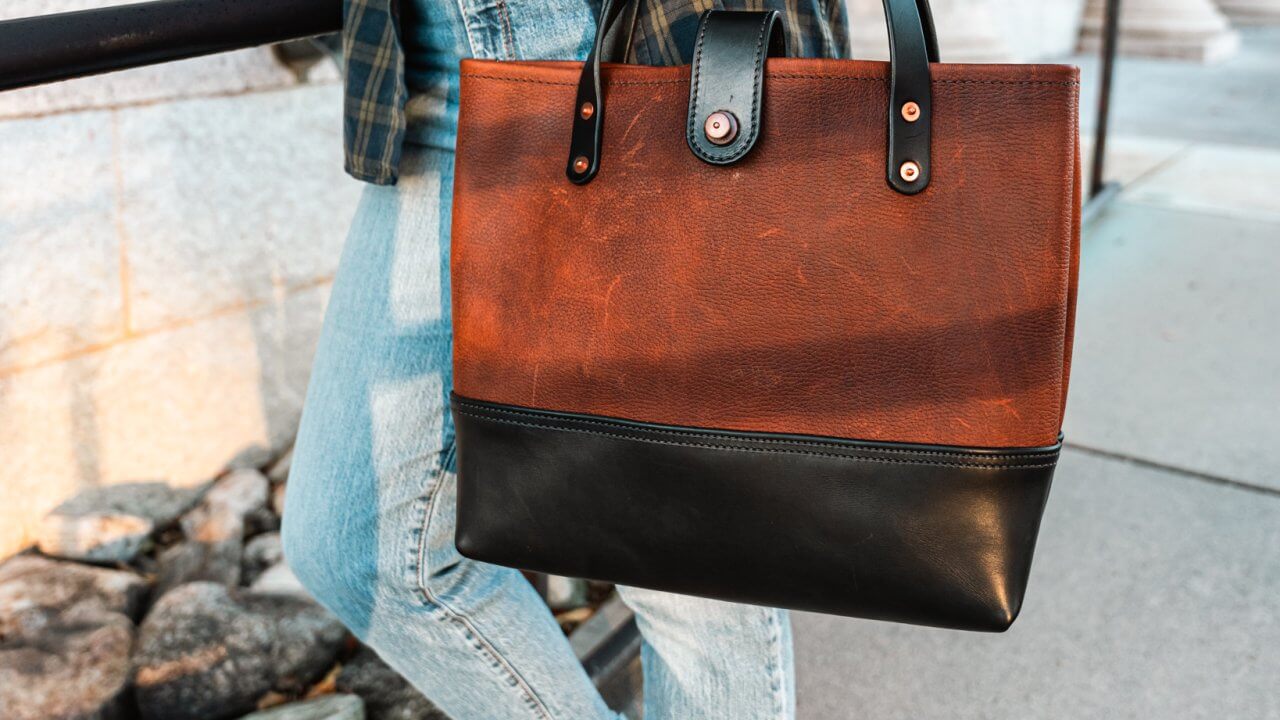 Axe and Awl Leather tote bag with red wing boots