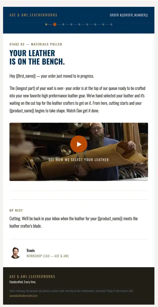 example of what one of our order tracker emails looks like featuring leather crafter dan choosing the leather