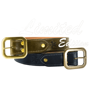 limited edition leather belt available in olive and navy
