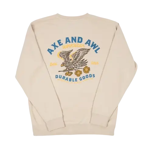 axe and awl ivory crewneck sweatshirt with an eagle and dogwood flowers on it