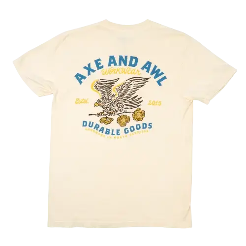 axe and awl leatherworks workwear tee featuring an eagle and dogwood flowers