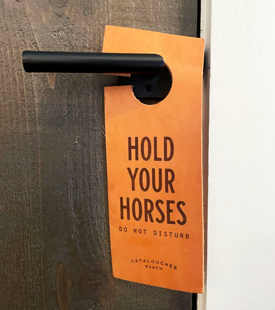 leather door hanger crafted by axe and awl leatherworks for catalochee ranch that says hold your horses
