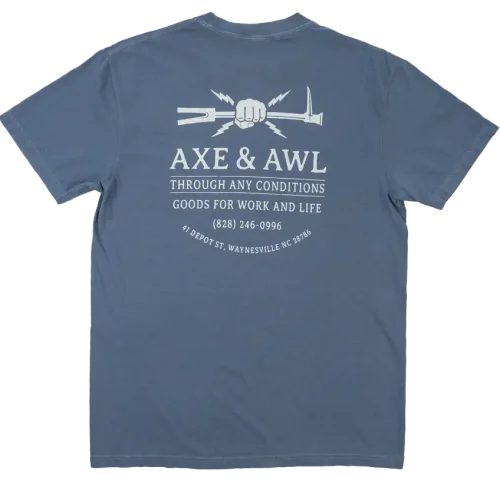 through any conditions denim tee from axe and awl leatherworks