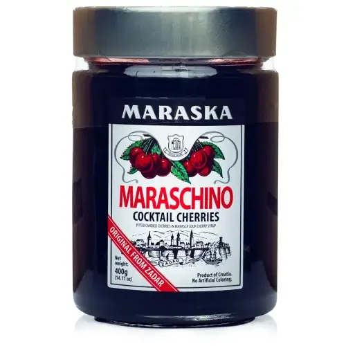 An unopened jar of Maraska Maraschino Cherries