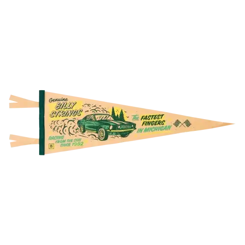 A pennant featuring artwork with a car and text for Billy Strings