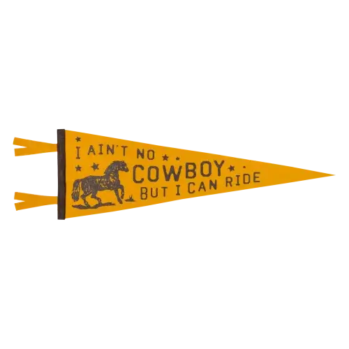A pennant flag showing a quote from a Jason Isbell song. "I ain't no cowboy, but I can ride"