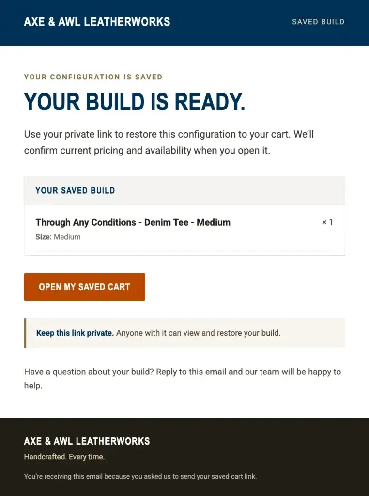 screen shot of email from axe and awl leatherworks showing a saved cart 
